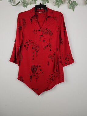 Soft Surroundings Women's Size M Red Black  Asian Lantern Print Tunic Top Blouse
